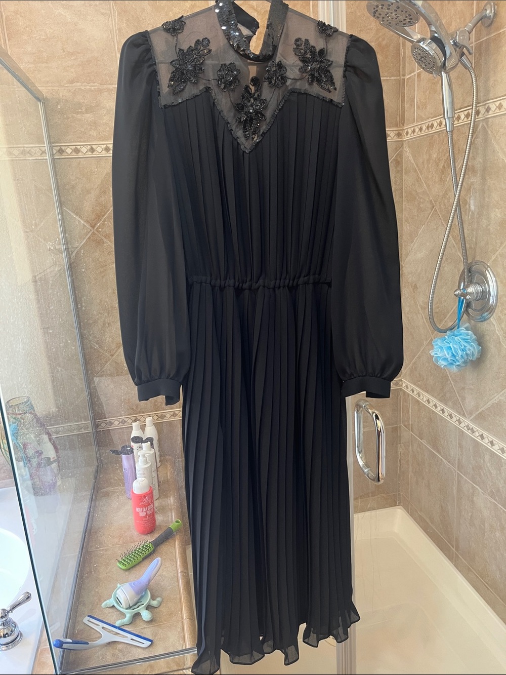 Black Pleated Long-Sleeve Dress with Beaded Sheer Yoke